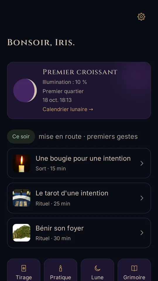 L'accueil, avec la Lune de ce soir et les pratiques associées à sa phase