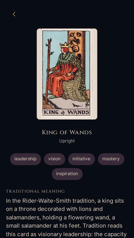 A revealed card, its keywords and its traditional meaning