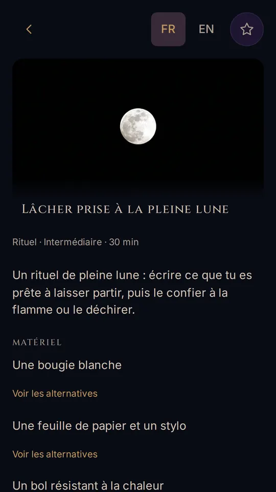 La fiche d'un rituel, son matériel et ses alternatives