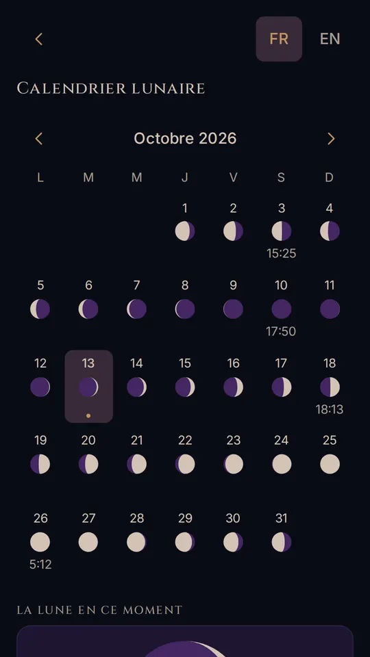 Le calendrier lunaire du mois, ses phases et leurs heures