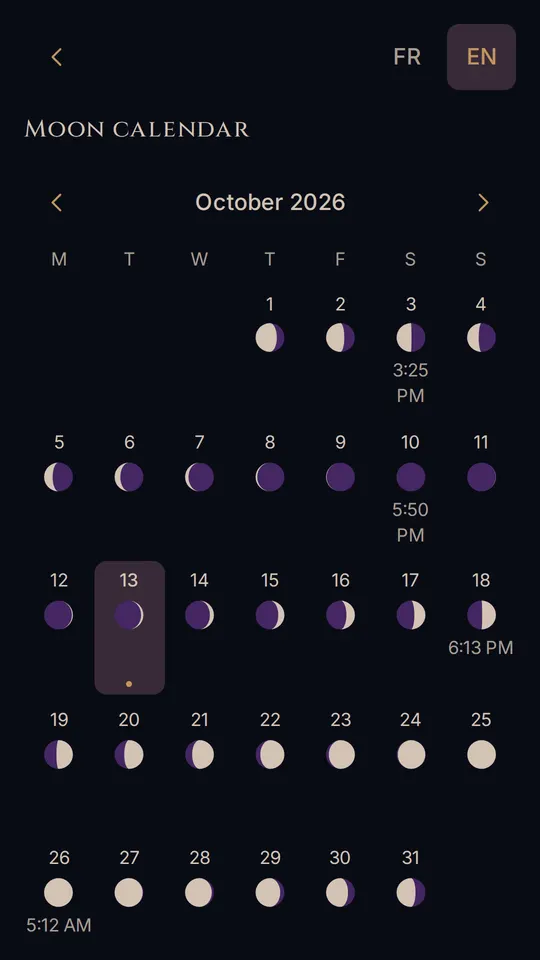 The lunar calendar of the month, its phases and their times